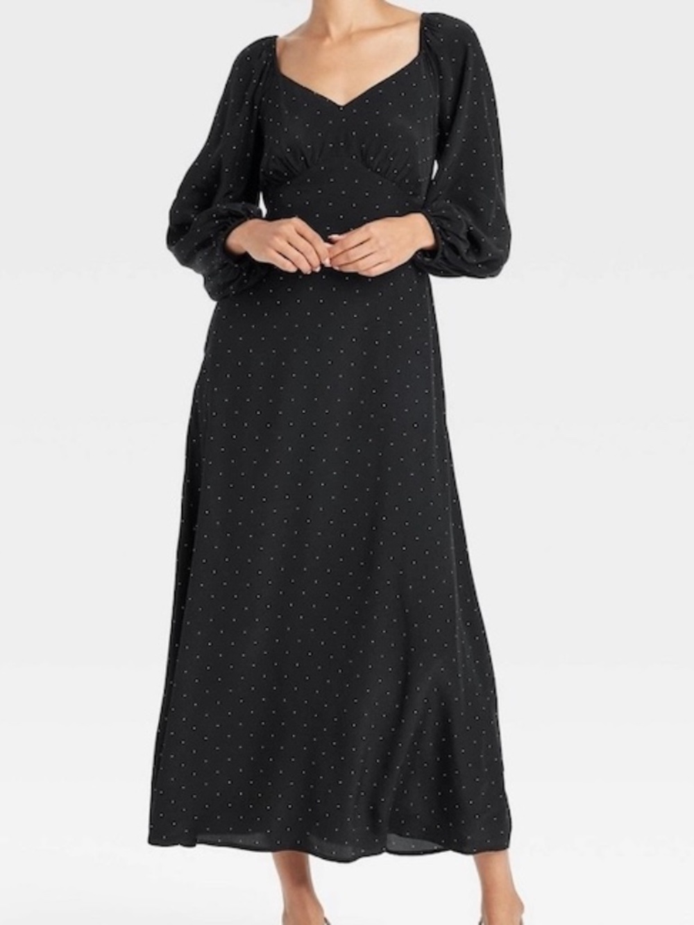 A New Day Womens Small A-Line Maxi Dress Black White Polka Dot Long Sleeve Rayon